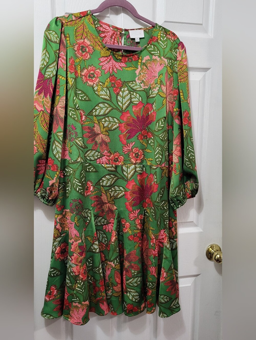 Sugarlips Green Long Sleeve Floral Midi Dress with Pink & Red Blooms